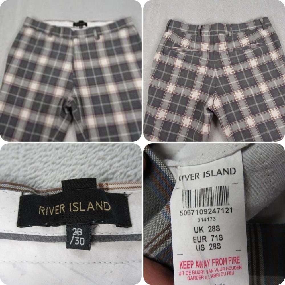 River Island Pants Mens 28x30 Gray Plaid Flat Front Zip Fly Straight Chino